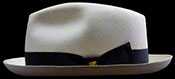 Side view.  Havana Fedora SB (Skinny Brim) Montecristi Panama hat with brim turned up all the way around.