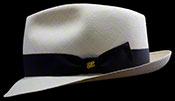 Side view.  Havana Fedora SB (Skinny Brim) Montecristi Panama hat.