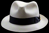 Three quarter view.  Havana Fedora SB (Skinny Brim) Montecristi Panama hat.