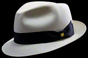 Three quarter view.  Havana Fedora SB (Skinny Brim) Montecristi Panama hat.