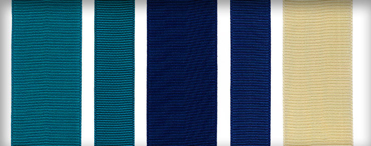 Ribbons in Caribbean Blue, Mediterranean Blue, and Ivory shown in various widths