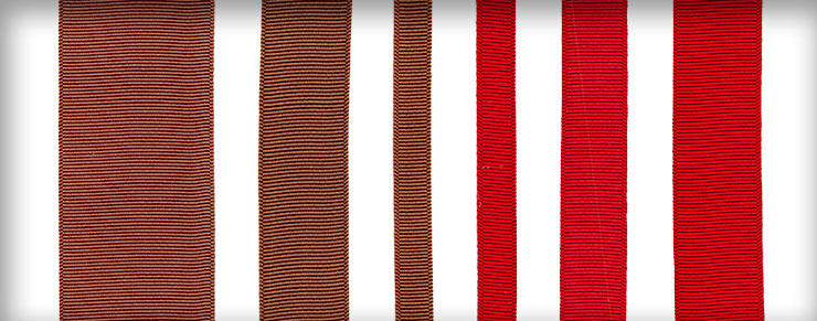 Ribbons in Rum Brown and Santa Red shown in various widths