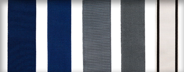 Ribbons in Mediterranean Blue, Cool Blue, and Deco 1 shown in various widths