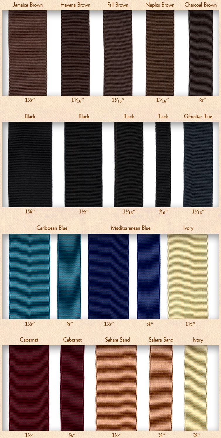 Brown, Black, and Gibraltar Blue Ribbons are shown in various widths. Included colors are Jamaica Brown, Havana Brown, Fall Brown, Naples Brown, Charcoal Brown, Black, Gibraltar Blue, Caribbean Blue, Mediterranean Blue, Cabernet, Sahara Sand, and Ivory. These are the standard ribbon choices for Brent Black Panama Hats.