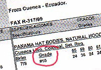 Panama hat invoice showing hat grade