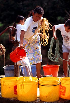 Woman pours water into buckets.